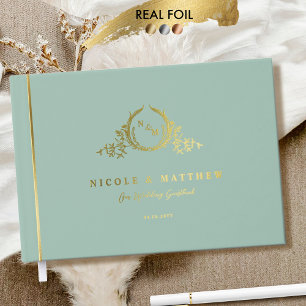Elegant Sage Green and Real Foil Monogram Wedding Guest Book
