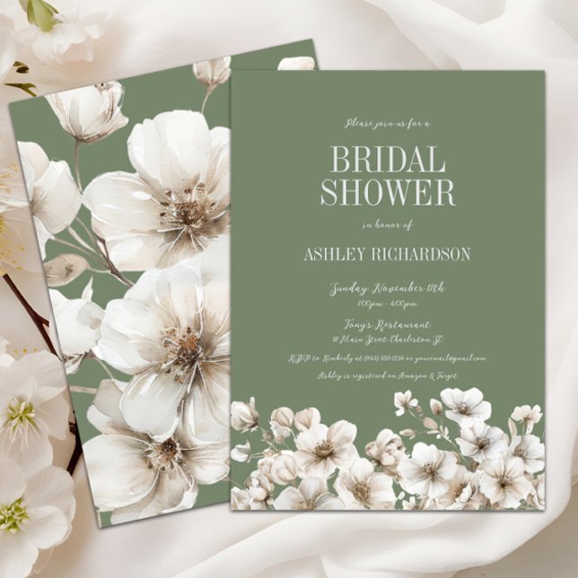 Elegant Sage Green and White Floral Bridal Shower Invitation (Sage green and white floral bridal shower invitation with classic script, elegant watercolor design)