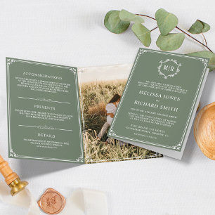 Elegant Sage Green and White Monogram Wedding Invitation