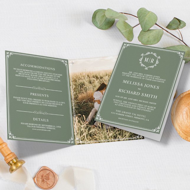 Elegant Sage Green and White Monogram Wedding Invitation (Creator Uploaded)