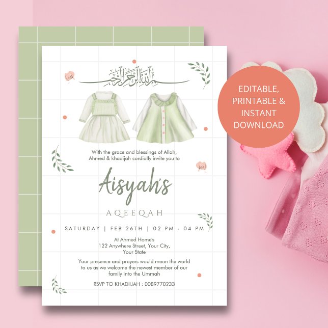Elegant Sage Green Aqiqah Invitation Baby Jumpsuit (Creator Uploaded)