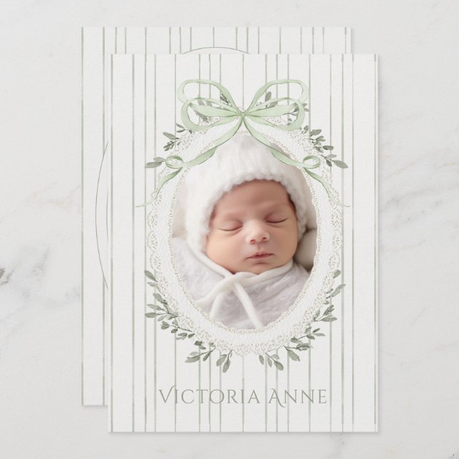 Elegant Sage Green Baby Girl Birth Announcement (Front/Back)