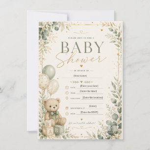 Elegant Sage Green Baby Shower Invitation Teddy