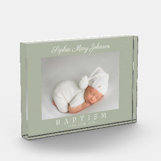 Elegant Sage Green Baptism Keepsake Photo Block