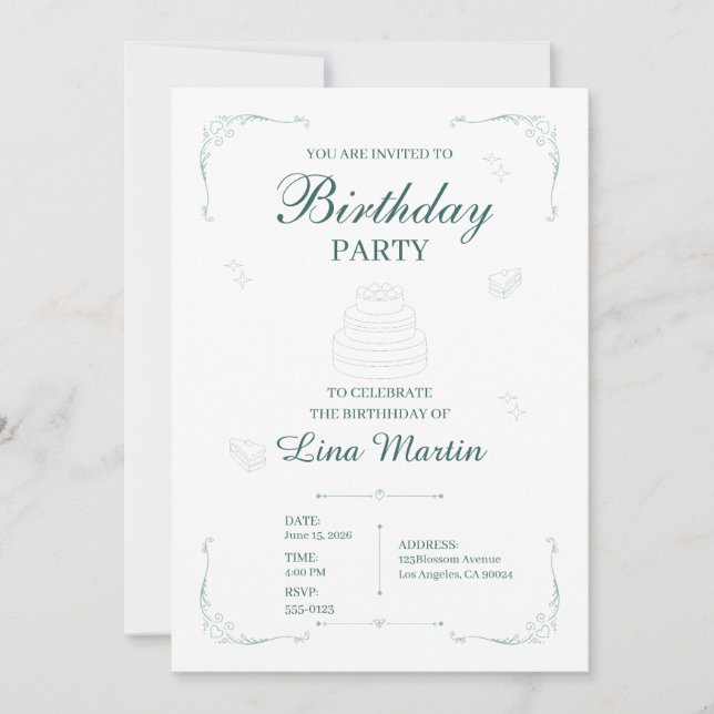 Elegant Sage Green Birthday Invitation (Front)