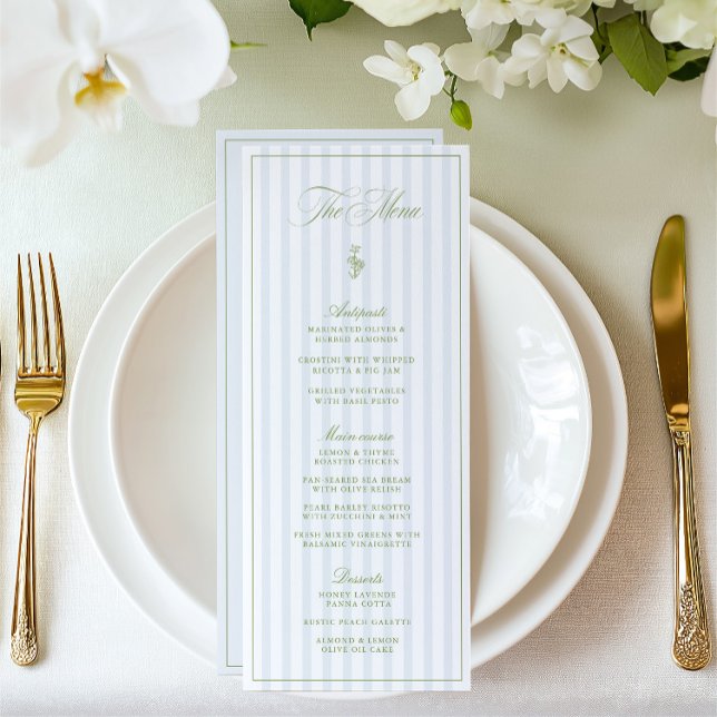 Elegant Sage Green & Blue Striped Wedding Menu (Elegant Sage Green & Beige Striped Wedding Menu)