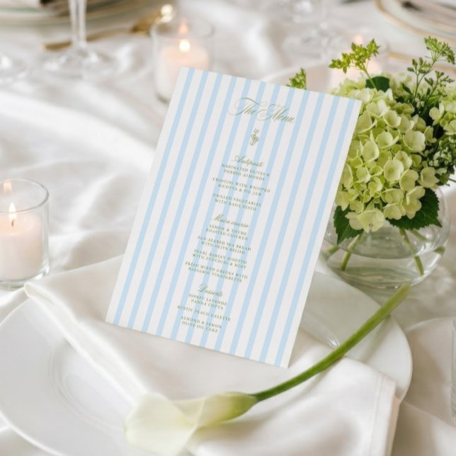 Elegant Sage Green & Blue Striped Wedding Menu Invitation (Modern Sage Green & Blue Stripes Wedding Menu)
