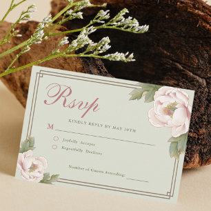 Elegant Sage Green Blush Peony Floral Wedding RSVP Card