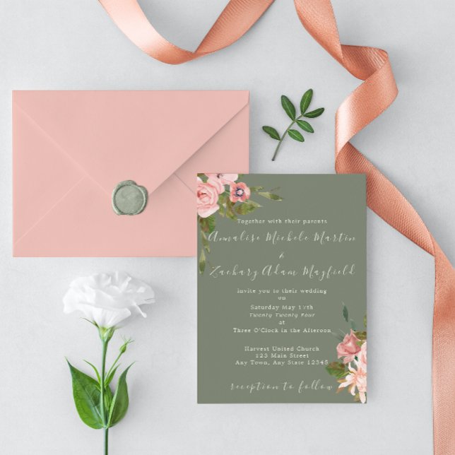 Elegant Sage Green Blush Pink Floral Wedding Invitation (Creator Uploaded)