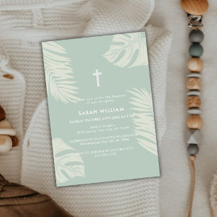 Elegant Sage Green Boho Leaves Cross Baptism  Invitation