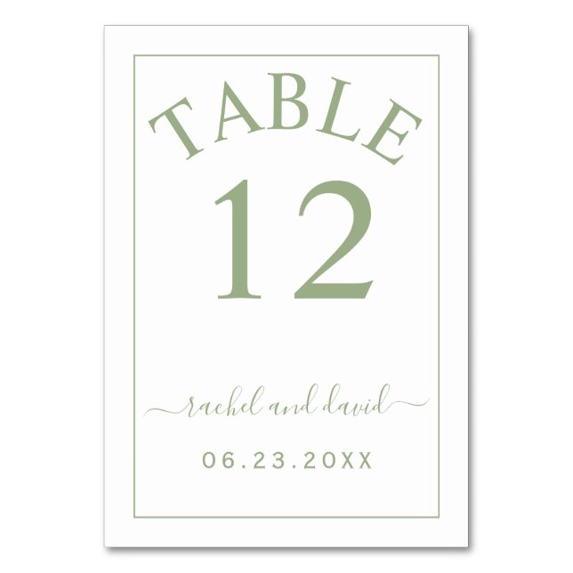 Elegant sage green border monochrome wedding table number (Front)