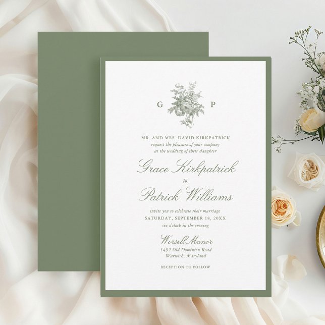 Elegant Sage Green Border Monogram Wedding Invitation (Creator Uploaded)