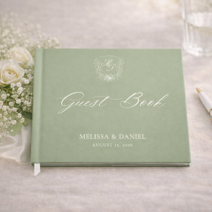 Elegant Sage Green Botanical Crest Wedding Guest Book