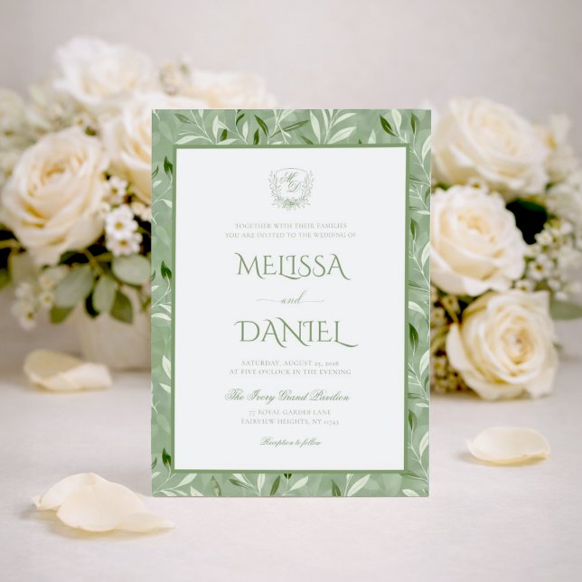 Elegant Sage Green Botanical Crest Wedding Invitation (Creator Uploaded)