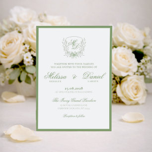 Elegant Sage Green Botanical Crest Wedding Invitation