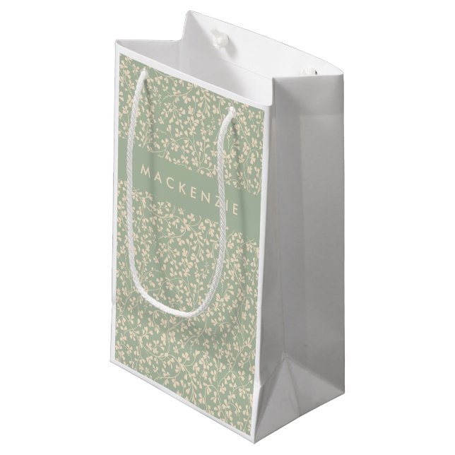 Elegant Sage Green Botanical Personalised Small Gift Bag (Front Angled)