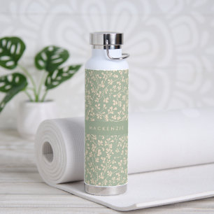 Elegant Sage Green Botanical Personalised Water Bottle