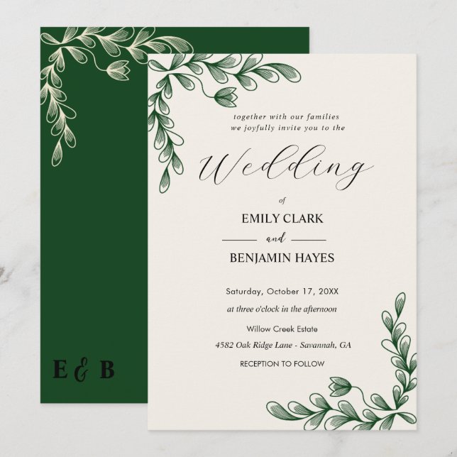 Elegant Sage Green Botanical Wedding Invitation (Front/Back)