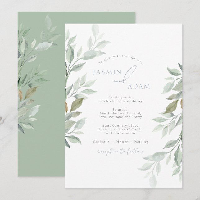 Elegant Sage Green Botanical Wedding Invitation (Front/Back)