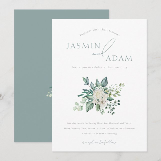 Elegant Sage Green Botanical Wedding Invitation (Front/Back)