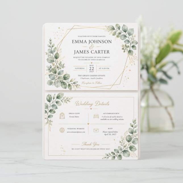 Elegant Sage Green Botanical Wedding Invitation (Standing Front)