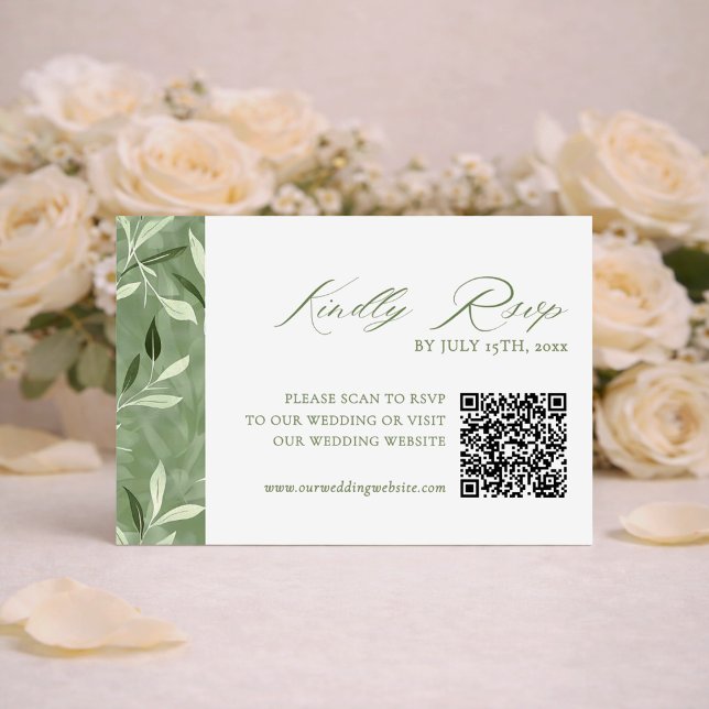 Elegant Sage Green Botanical Wedding Qr Code RSVP Card (Creator Uploaded)