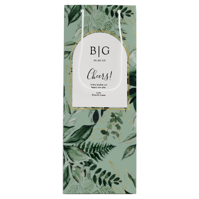 Elegant Sage Green Botanical wedding wine Wine Gift Bag (Front)