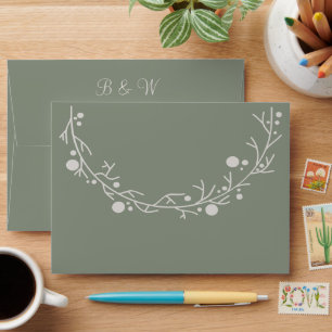 Elegant Sage Green Botanical Wreath & Custom Monog Envelope