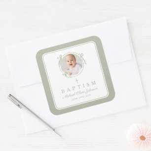 Elegant Sage Green Bow Boy Photo Baptism Square Sticker