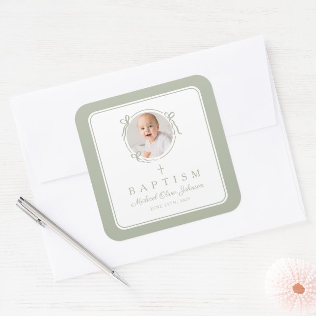 Elegant Sage Green Bow Boy Photo Baptism Square Sticker (Envelope)