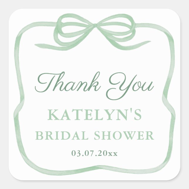 Elegant Sage Green Bow Bridal Shower Favour Square Sticker (Front)