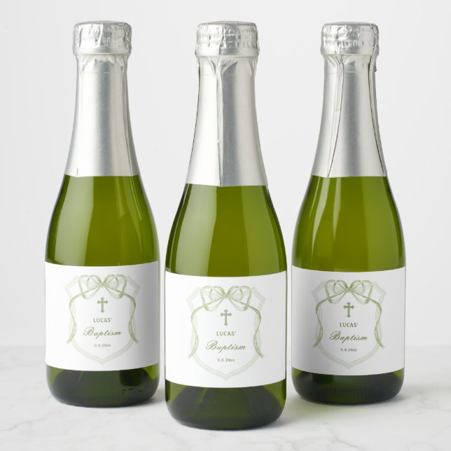 Elegant Sage Green Bow Crest Baptism Sparkling Wine Label (Bottles)