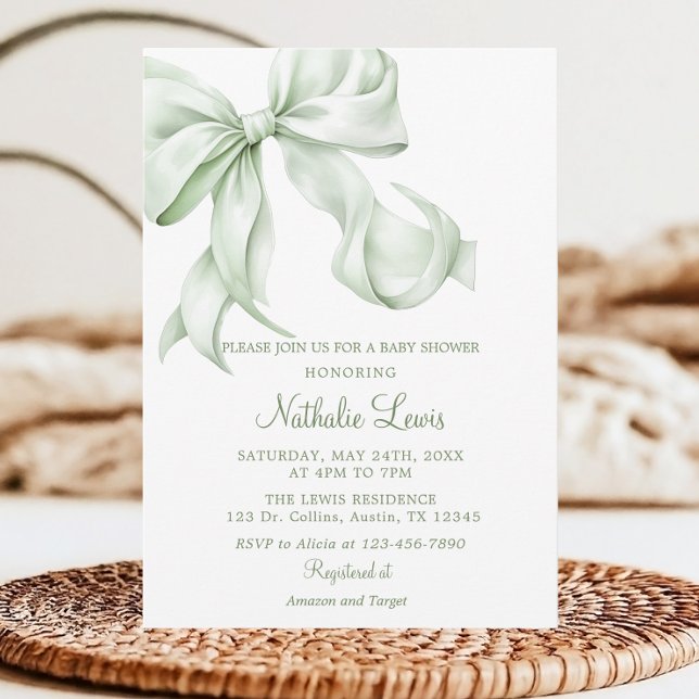 Elegant Sage Green Bow Gingham Baby Shower Invitation (Creator Uploaded)