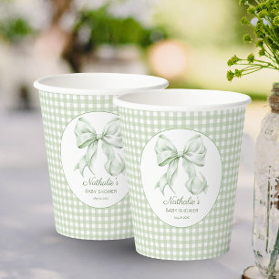 Elegant Sage Green Bow Gingham Baby Shower Paper Cups