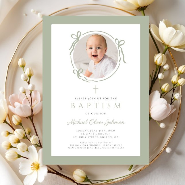 Elegant Sage Green Bow Photo Baptism Invitation (Elegant Sage Green Bow Photo Baptism Invitation)