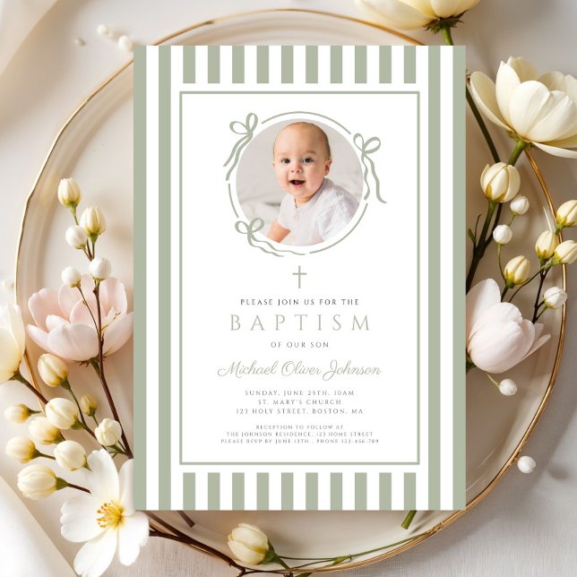 Elegant Sage Green Bow Photo Boy Baptism Invitation (Elegant Sage Green Bow Photo Boy Baptism Invitation)