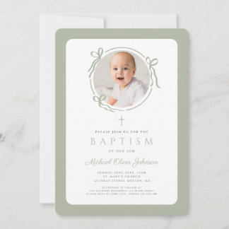 Elegant Sage Green Bow Photo Boy Baptism Invitation