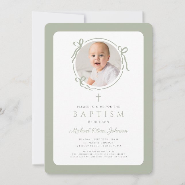 Elegant Sage Green Bow Photo Boy Baptism Invitation (Front)