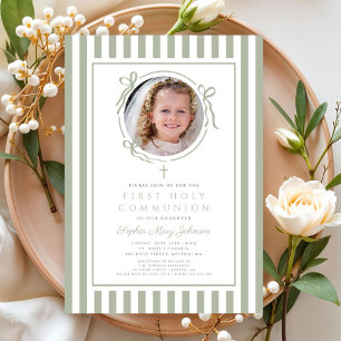 Elegant Sage Green Bow Photo Girl First Communion Invitation