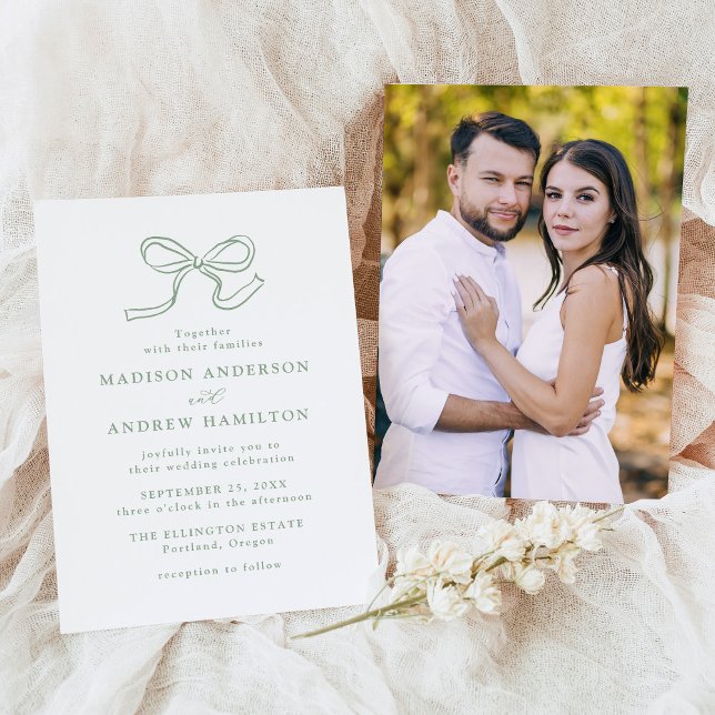 Elegant Sage Green Bow Photo Wedding Invitation (Creator Uploaded)