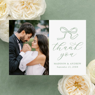 Elegant Sage Green Bow Photo Wedding Thank You Card