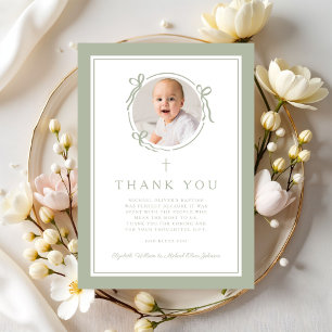 Elegant Sage Green Bow Religious Baptism Photo Thank You Card