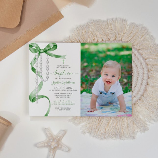 Elegant Sage Green Bow & Rosary Photo Baptism Invitation (Creator Uploaded)