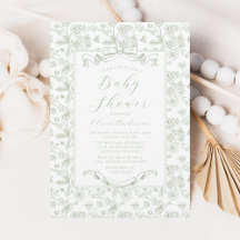 Elegant Sage Green Bow Vintage Floral Baby Shower