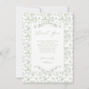 Elegant Sage Green Bow Vintage Floral Baby Shower Thank You Card