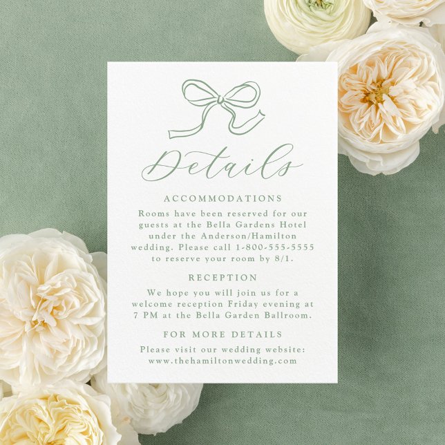 Elegant Sage Green Bow Wedding Details Enclosure Card (Creator Uploaded)