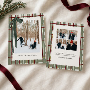 Elegant Sage Green Burgundy Plaid Our First Holiday Card