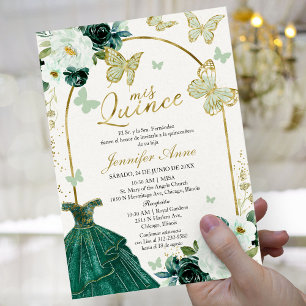 Elegant Sage Green Butterfly Spanish Quinceañera Invitation