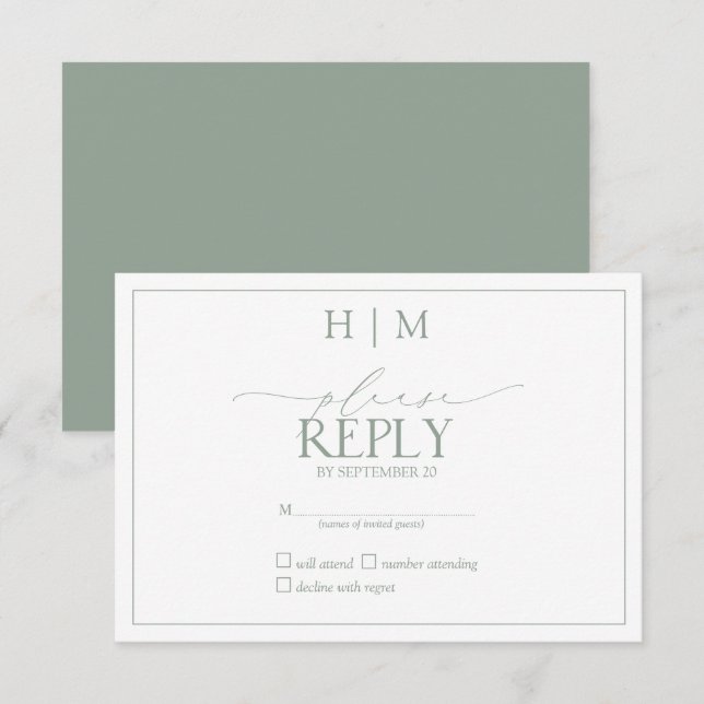 Elegant Sage Green Calligraphy Monogram RSVP Card (Front/Back)