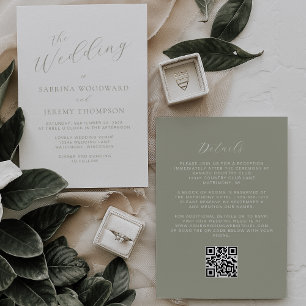 Elegant Sage Green Calligraphy QR Code Wedding Invitation